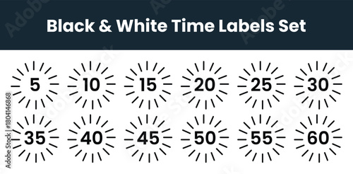 Clean Minimal Monochrome Circular Time Labels Set with 5-60 Minute Intervals Bold Numbers Radial Lines | Modern Flat Vector Timer Badges and Clock Icons Pack