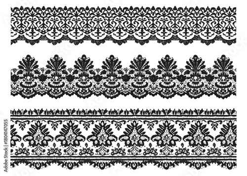 Scalloped lace border vector set. Floral embroidery pattern with ornate trim and vintage blossom mesh. Decorative ribbon illustration for elegant wedding, festive branding, packaging, christmas cards.