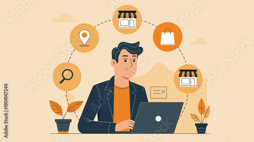 Man using laptop surrounded by online shopping related icons