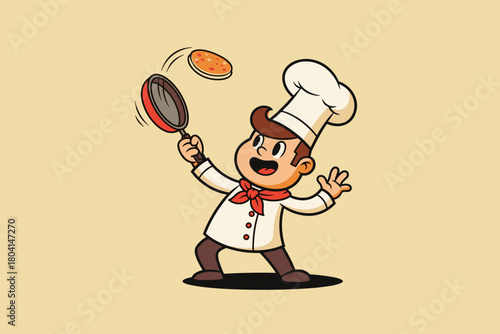 Cartoon Chef Flipping Pancakes in a Pan with Joy.
