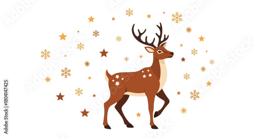 A brown deer with antlers and white spots, surrounded by golden snowflakes and stars on a white background, in an illustration style.