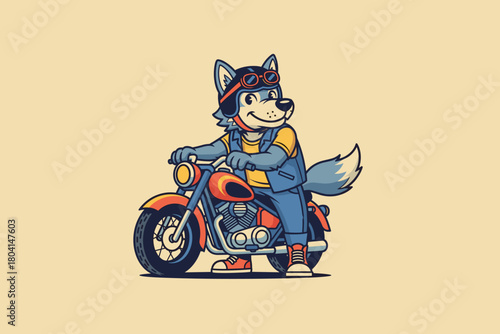 Cartoon Wolf Character Riding a Motorcycle.