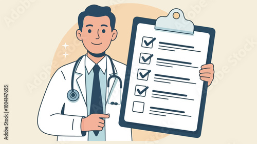 Doctor holding a clipboard with checklist and pointing at it