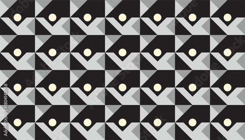 A seamless geometric pattern featuring a modern monochrome palette of black, gray, and off-white. The design consists of repeating triangular and angular shapes arranged in a structured grid