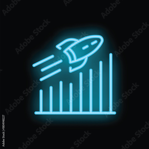 Neon rocket flying over increasing bar chart representing successful startup business project