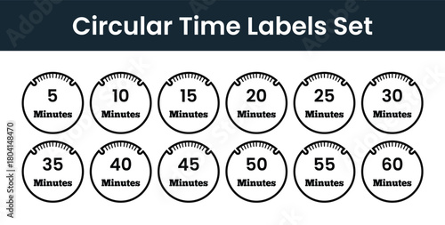 Clean Minimal Monochrome Circular Time Labels Set with 5-60 Minute Intervals Bold Numbers Radial Lines | Modern Flat Vector Timer Badges and Clock Icons Pack