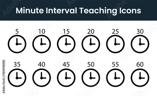 Clean Minimal Monochrome Circular Time Labels Set with 5-60 Minute Intervals Bold Numbers Radial Lines | Modern Flat Vector Timer Badges and Clock Icons Pack