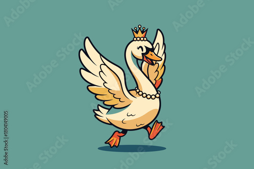Cartoon Swan Queen with Crown and Pearls.