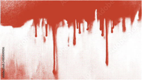 Red grunge halftone texture with dripping paint details and comic dot tone. Urban vandal style for retro poster or graphic background.