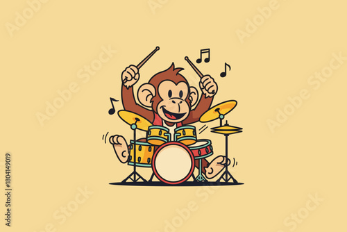 Cartoon Monkey Playing Drum Set with Musical Notes.