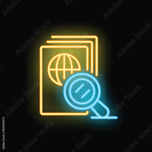 Neon icon representing the concept of exploring international travel opportunities with passports and a magnifying glass