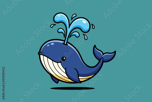 Cute Blue Whale Spouting Water Cartoon Illustration.