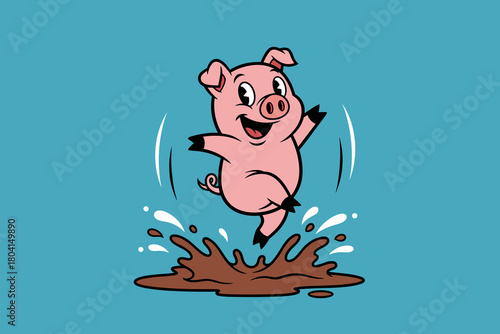 Happy cartoon pig jumping joyfully in a muddy puddle splashing w