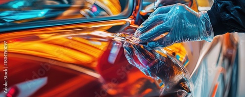 Polishing a red car surface.