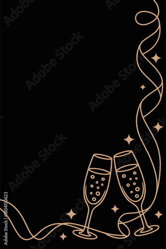 Minimalist golden champagne glasses clinking with sparkles with ribbon on black background.
