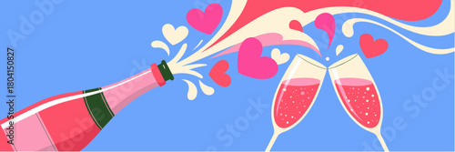 Sparkling wine bottle popping with hearts and clinking glasses against blue background