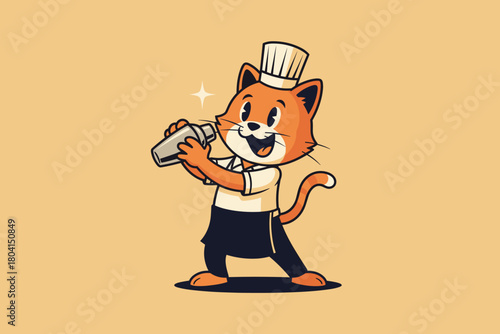 Cute cartoon cat chef making a cocktail with a shaker.
