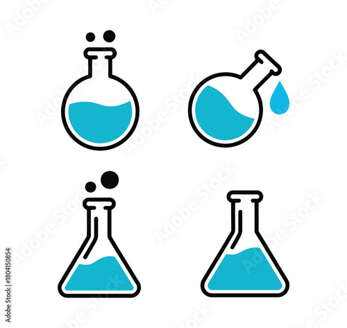 Four science laboratory flasks with blue liquid and bubbles.