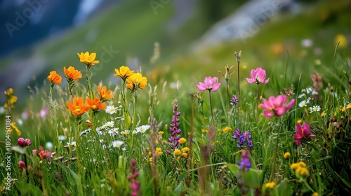 Fototapeta Naklejka Na Ścianę i Meble -  A vibrant meadow filled with colorful wildflowers against a soft green blurred background landscape
