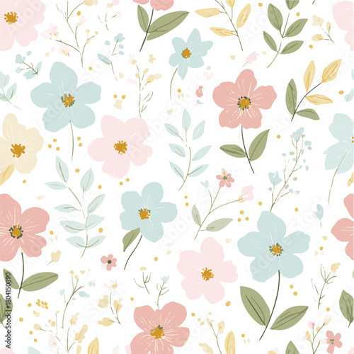 Cute floral seamless pattern in pastel colors. Vector illustration with pink, purple, and teal flowers. Spring background for fabric and wallpaper.