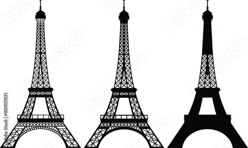Eiffel Tower vector silhouette set, Paris France landmark symbol collection, detailed and solid icon design elements on white