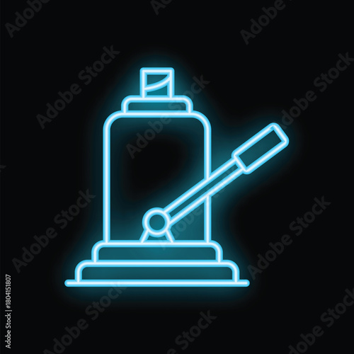 Blue glowing neon icon of a hydraulic jack lifting heavy equipment, isolated on a black background