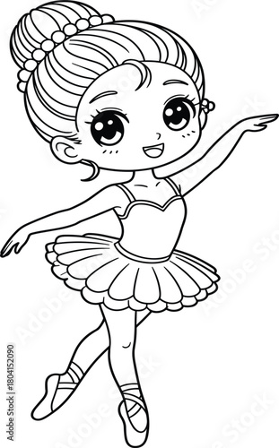 Cute little kawaii ballerina girl dancing black and white outline vector, happy children's coloring page cartoon character illustration design