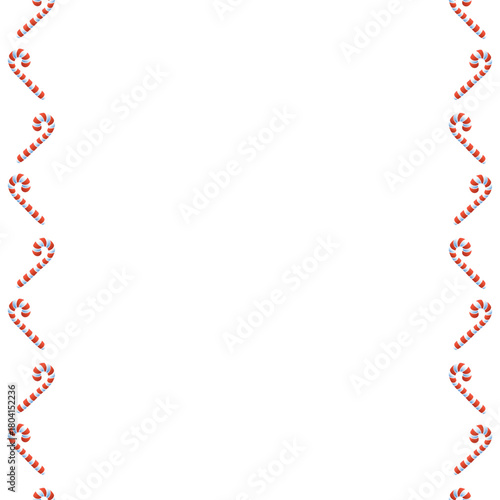 Vector background, frame, side border from red candy cane. Vertical edging, decoration on theme sweet New Year and Christmas. For greeting cards, invitations, xmas design