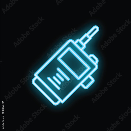 Bright glowing blue neon walkie talkie radio communication device icon on black background