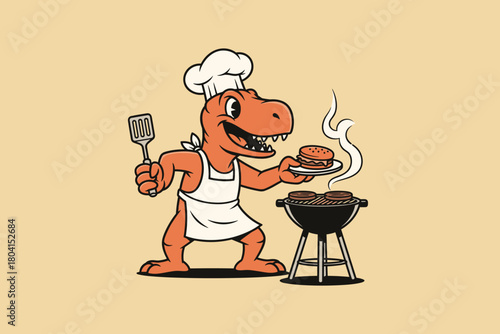 Cartoon Dinosaur Chef Grilling Burgers on a Barbecue.