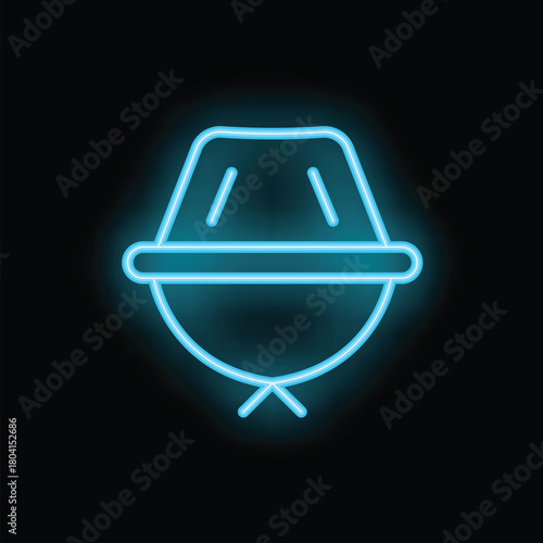 Blue neon sign showing a sun hat for summer holidays, glowing on a dark background