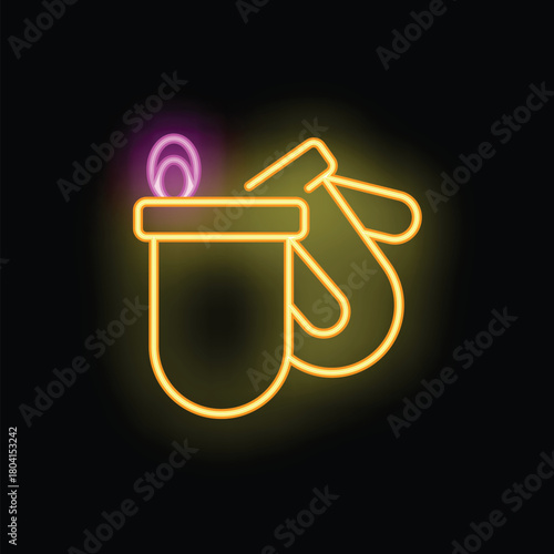 Neon sign representing oven mitts holding a hot pot with steam coming out, on a black background