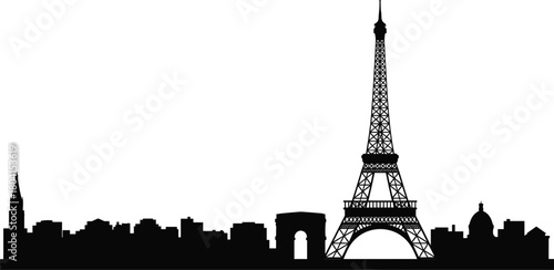 Paris city skyline silhouette vector illustration, Eiffel Tower and Arc de Triomphe landmark architecture, France cityscape black graphic design