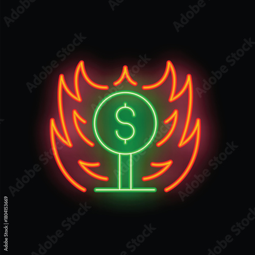 Green neon dollar sign is burning in bright orange flames in this illustration about financial loss