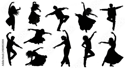 Black Silhouette Vector of Dancers Performing Diverse Movements and Energetic Poses, Fluid Minimal Shapes, Isolated on White Background, Editable Dance Vector Sheet Illustration

