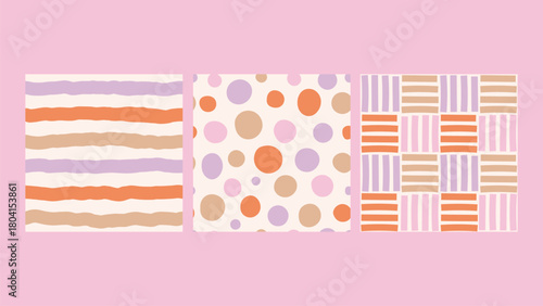 Abstract Vintage Geometric Seamless Patterns Set. Playful minimal endless backgrounds collection with striped polka dot and checkered texture. Vector illustration