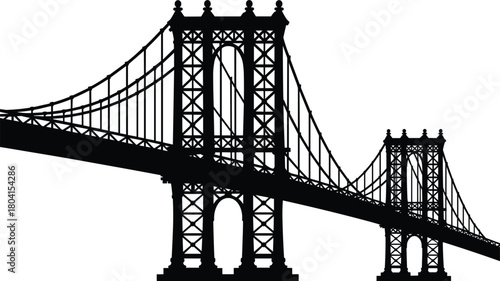 Manhattan Bridge New York City silhouette vector illustration, iconic US suspension bridge landmark graphic, urban architecture black design