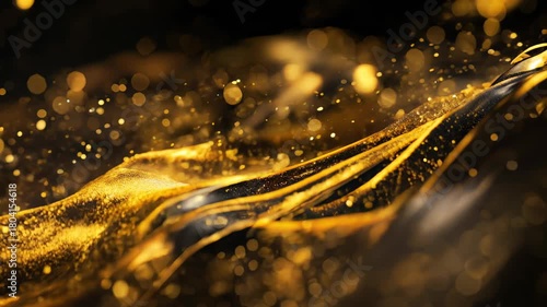 Golden glitter river undulates in rhythmic waves, bokeh particles and shimmering dust creating a festive glow; dazzling abstract motion perfect for holiday promos, award shows