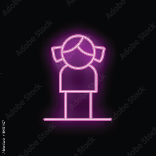 Bright pink neon sign showing a little girl standing, on a black background