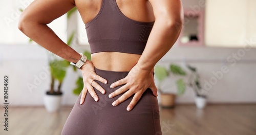 Konstfotografi Hands, back pain and woman in studio, fitness and stretching with muscle fatigue
