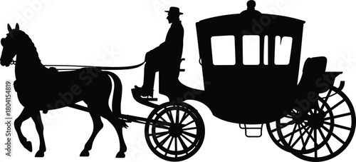 Horse-drawn carriage coach silhouette vector illustration, vintage transportation black graphic, driver and old traditional vehicle design element