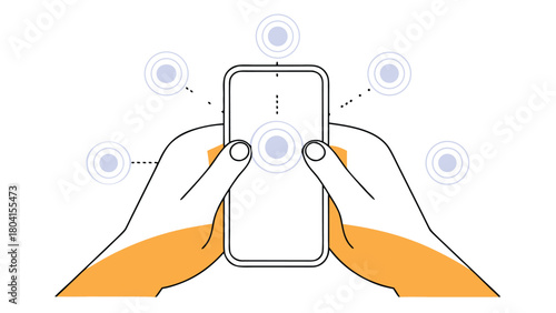 A close-up minimalist line illustration of a person's hands holding a smartphone with money or payment icons orbiting overhead symbolizing mobile finance and digital transactions