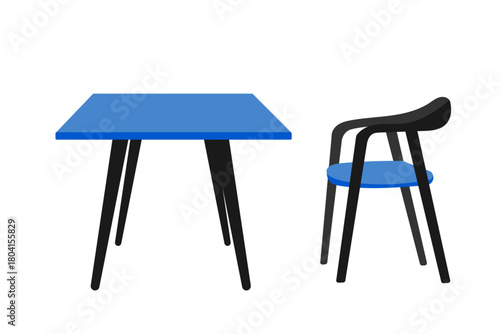 Illustration of a blue table and a chair next to it, pieces of furniture for your establishment