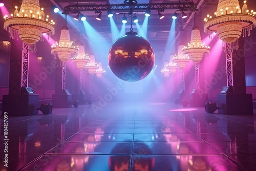 Luxury nightclub: disco ball, chandeliers, neon lights, reflective floor. Vibrant party atmosphere in opulent setting.