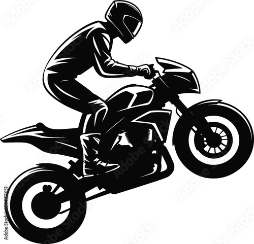 Motorcycle rider doing wheelie stunt silhouette vector illustration, dynamic biker action sport graphic, speed adrenaline black design
