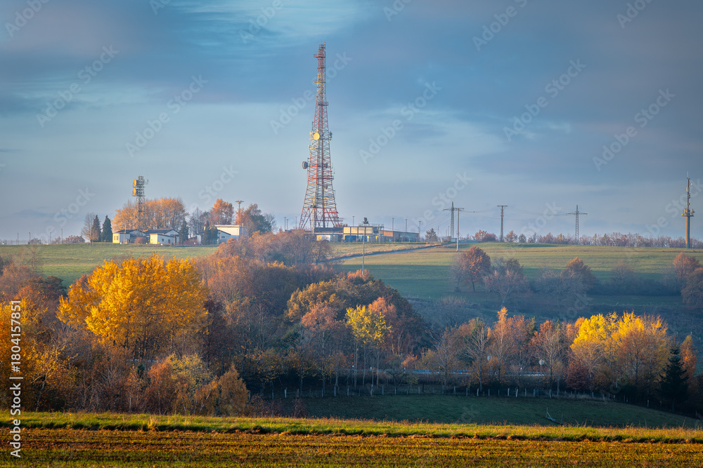 Fototapeta premium Bann-Main Tech Control Facility Tower near Ramstein in autumn landscape