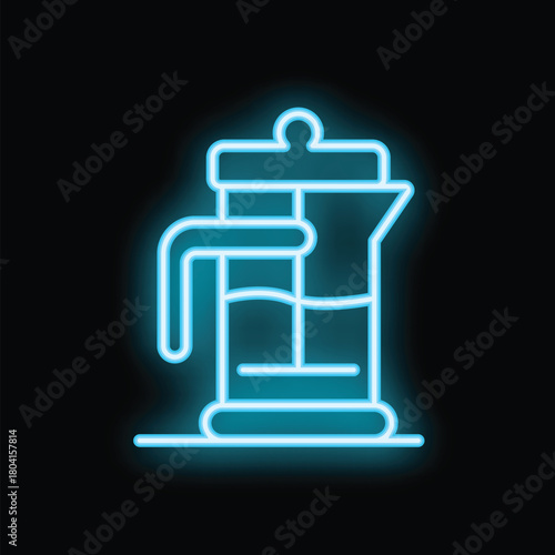 Blue neon icon of a french press coffee maker brewing coffee on a black background