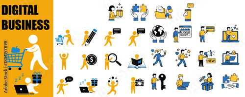 Modern digital business and technology vector illustrations. A comprehensive set featuring concepts for internet business startup, ecommerce, social media marketing, online communication, remote team 