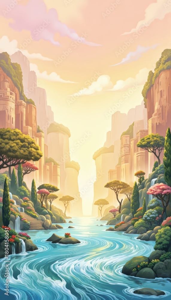 Fototapeta premium Fantasy Landscape with River and Ancient Ruins at Sunset