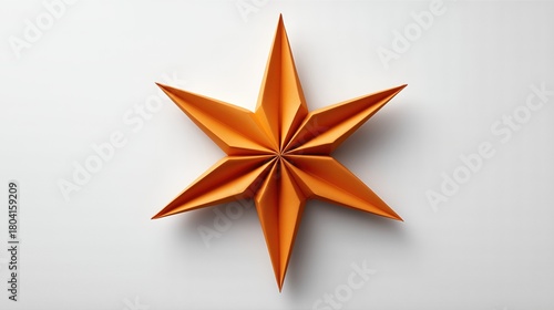 Orange Origami Star With Sharp Folds On White Background. Geometric Paper Craft Decoration For Christmas, Holiday Cards, Minimal Festive Themes